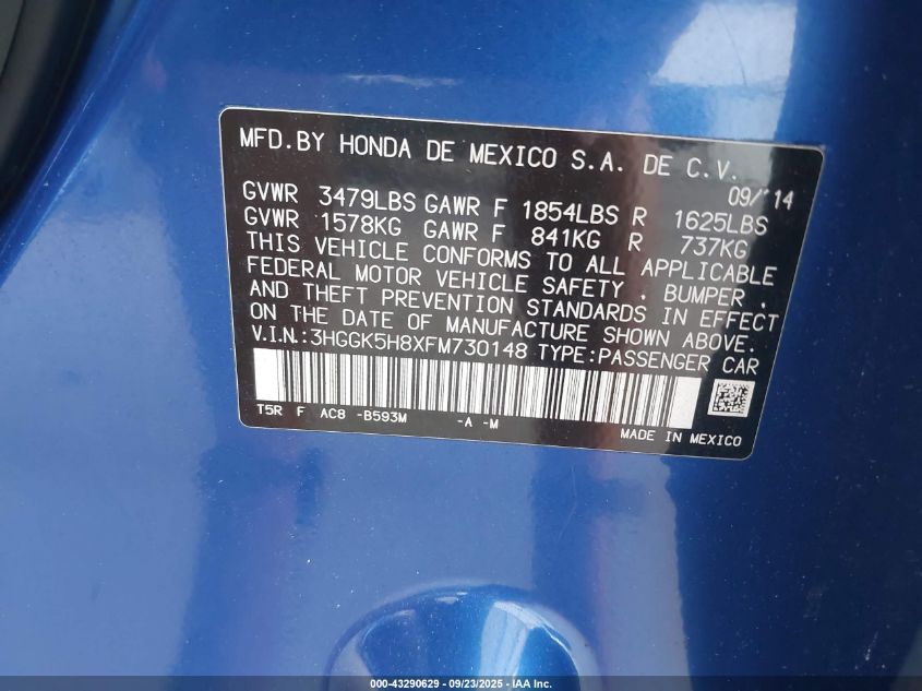 2015 Honda Fit Ex/Ex-L VIN: 3HGGK5H8XFM730148 Lot: 43290629