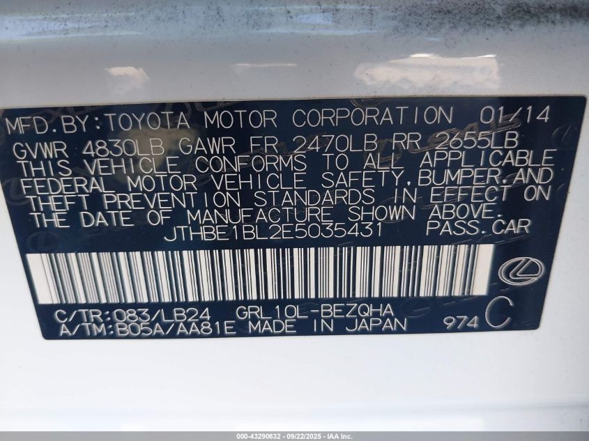 2014 Lexus Gs 350 VIN: JTHBE1BL2E5035431 Lot: 43290632
