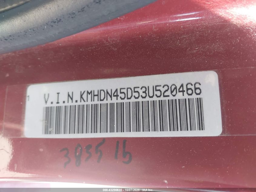 2003 Hyundai Elantra Gls/Gt VIN: KMHDN45D53U520466 Lot: 43290635