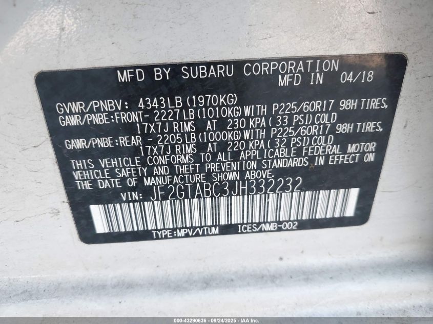 2018 Subaru Crosstrek 2.0I Premium VIN: JF2GTABC3JH332232 Lot: 43290636