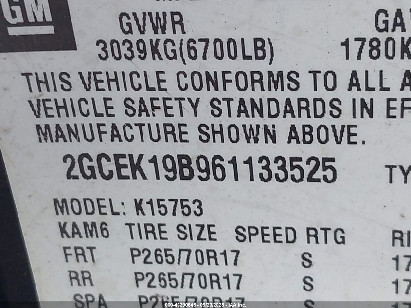 2006 Chevrolet Silverado 1500 Lt3 VIN: 2GCEK19B961133525 Lot: 43290645