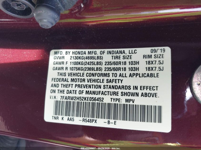 2019 Honda Cr-V Ex VIN: 7FARW2H52KE056452 Lot: 43290657