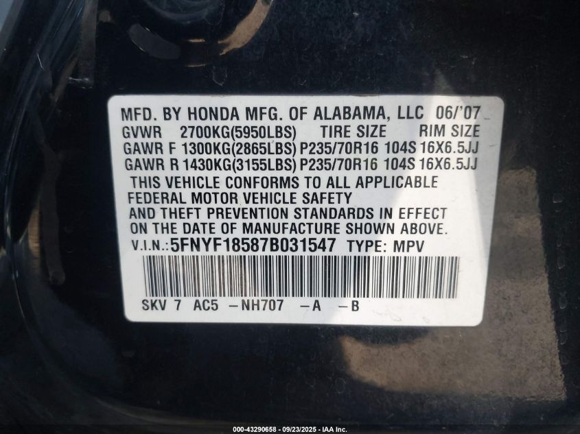 2007 Honda Pilot Ex-L VIN: 5FNYF18587B031547 Lot: 43290658