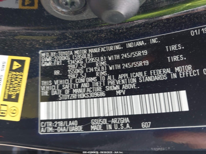 2019 TOYOTA HIGHLANDER LIMITED - 5TDYZRFH0KS309686