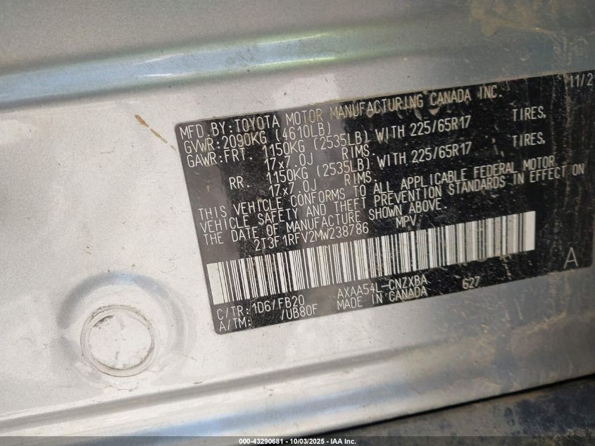 2021 Toyota Rav4 Le VIN: 2T3F1RFV2MW238786 Lot: 43290681