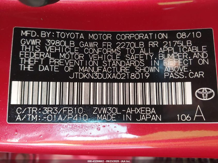 2010 Toyota Prius Ii VIN: JTDKN3DUXA0218019 Lot: 43290682