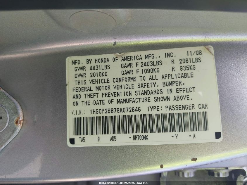 2009 Honda Accord 2.4 Ex-L VIN: 1HGCP26879A072646 Lot: 43290687