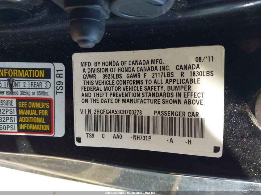 2012 Honda Civic Si VIN: 2HGFG4A53CH700278 Lot: 43290686