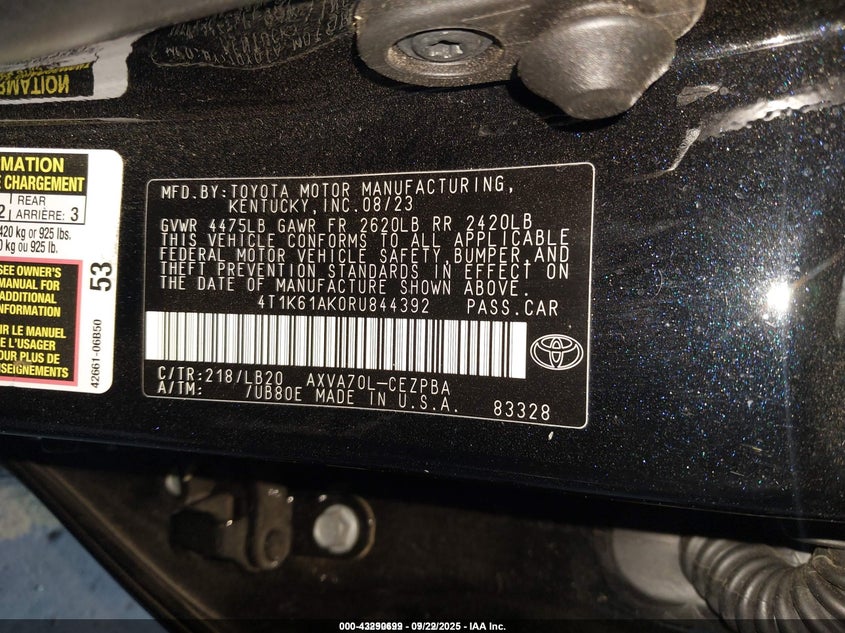 2024 Toyota Camry Xse VIN: 4T1K61AK0RU844392 Lot: 43290699