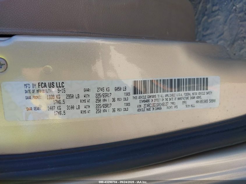 2016 Chrysler Town & Country Touring VIN: 2C4RC1BG1GR149127 Lot: 43290704