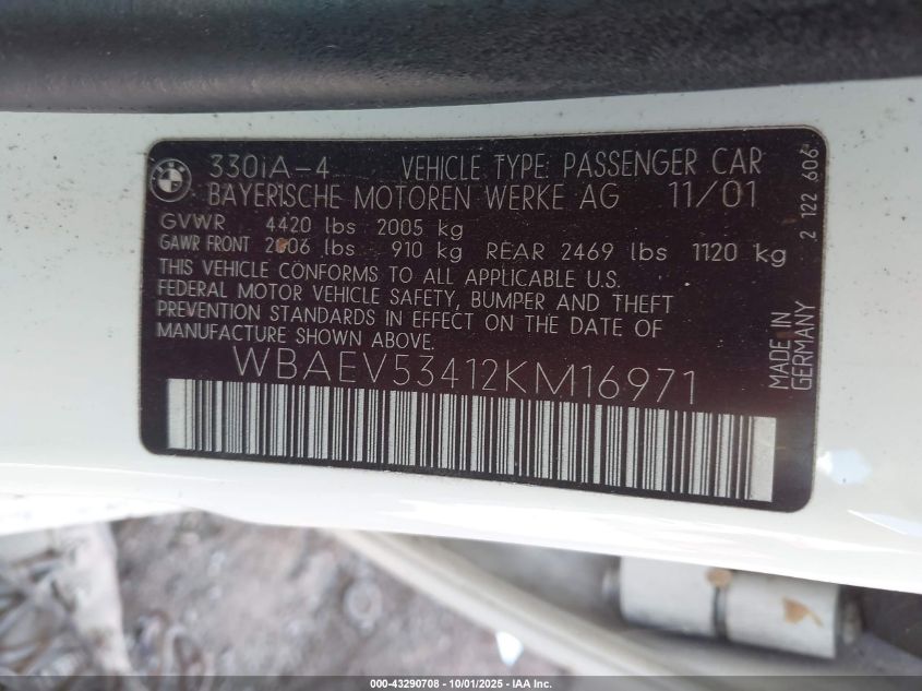 2002 BMW 330I VIN: WBAEV53412KM16971 Lot: 43290708