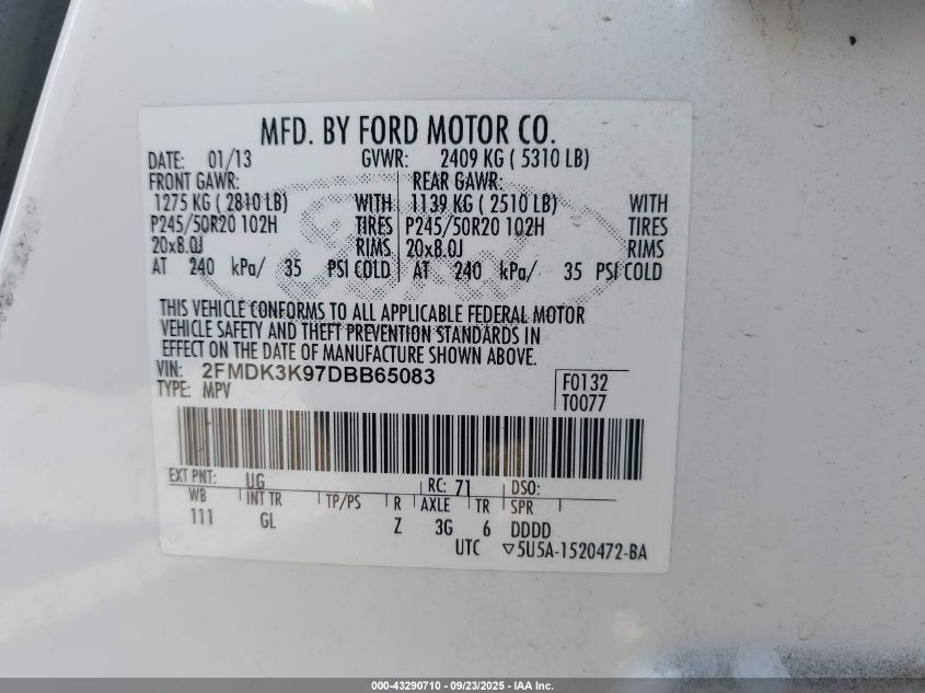 2013 Ford Edge Limited VIN: 2FMDK3K97DBB65083 Lot: 43290710