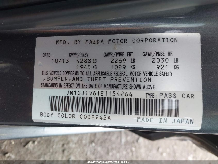 2014 Mazda 6 I Touring VIN: JM1GJ1V61E1154264 Lot: 43290716