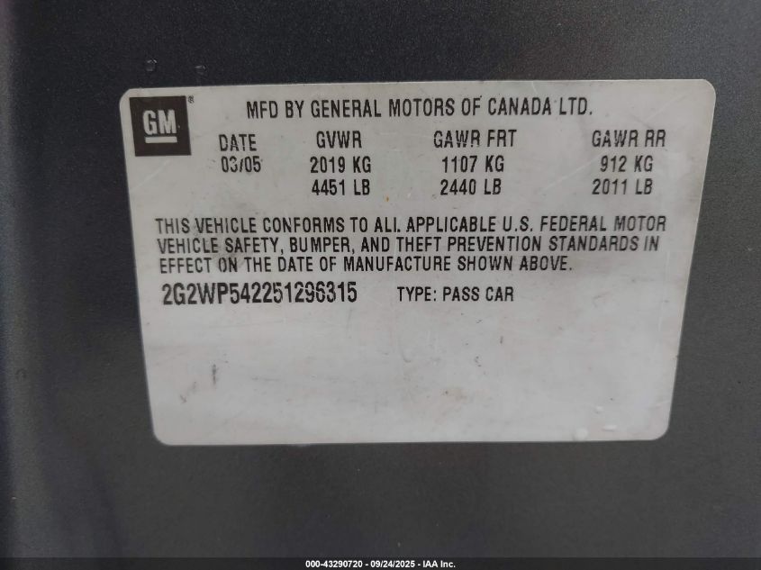 2005 Pontiac Grand Prix VIN: 2G2WP542251296315 Lot: 43290720