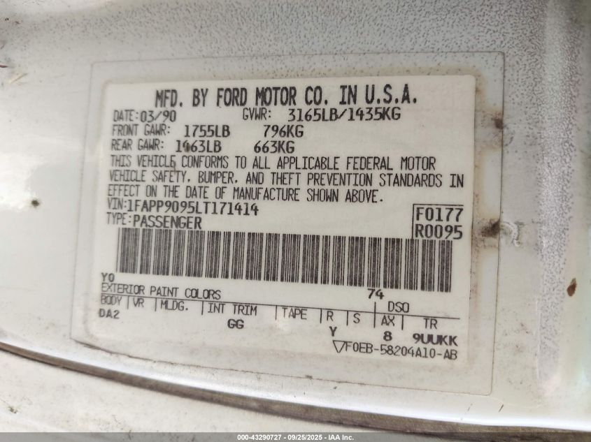 1990 Ford Escort Pony/L VIN: 1FAPP9095LT171414 Lot: 43290727