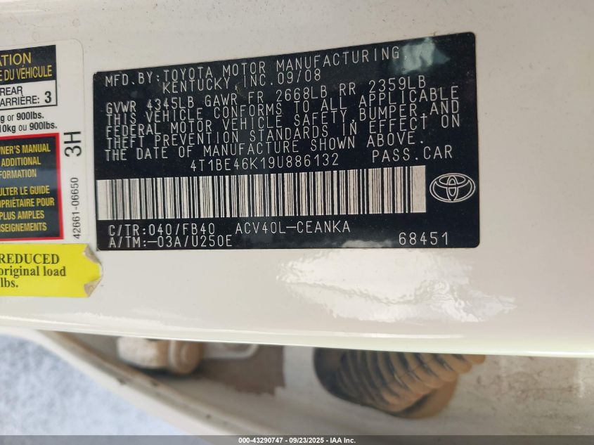 2009 Toyota Camry Le VIN: 4T1BE46K19U886132 Lot: 43290747