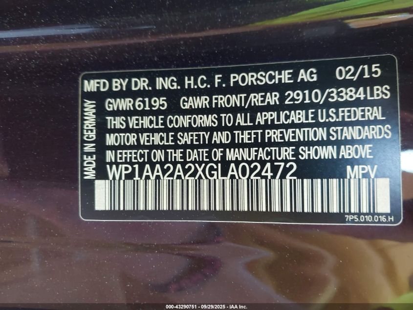 2016 Porsche Cayenne VIN: WP1AA2A2XGLA02472 Lot: 43290751