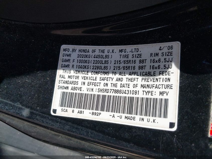 2006 Honda Cr-V Ex VIN: SHSRD77886U431091 Lot: 43290760