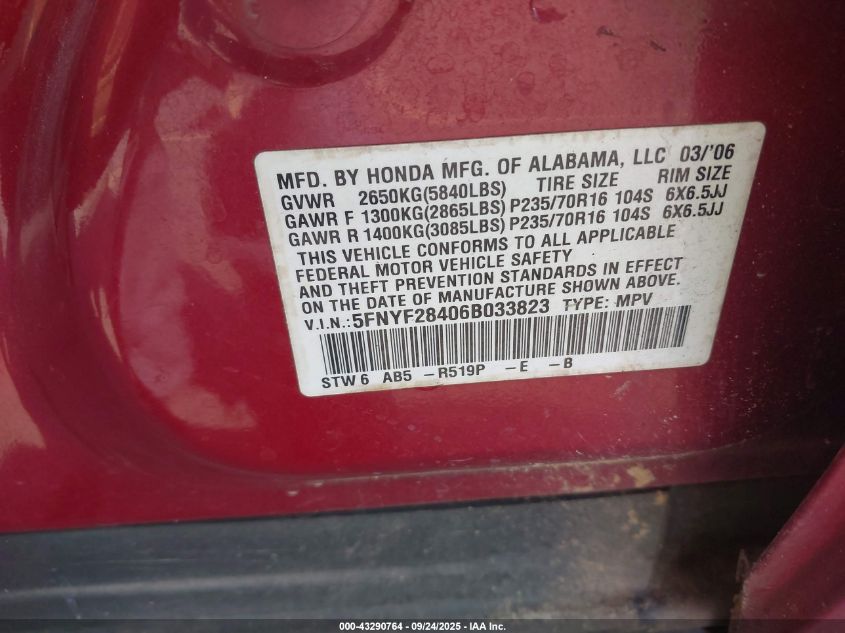 2006 Honda Pilot Ex VIN: 5FNYF28406B033823 Lot: 43290764