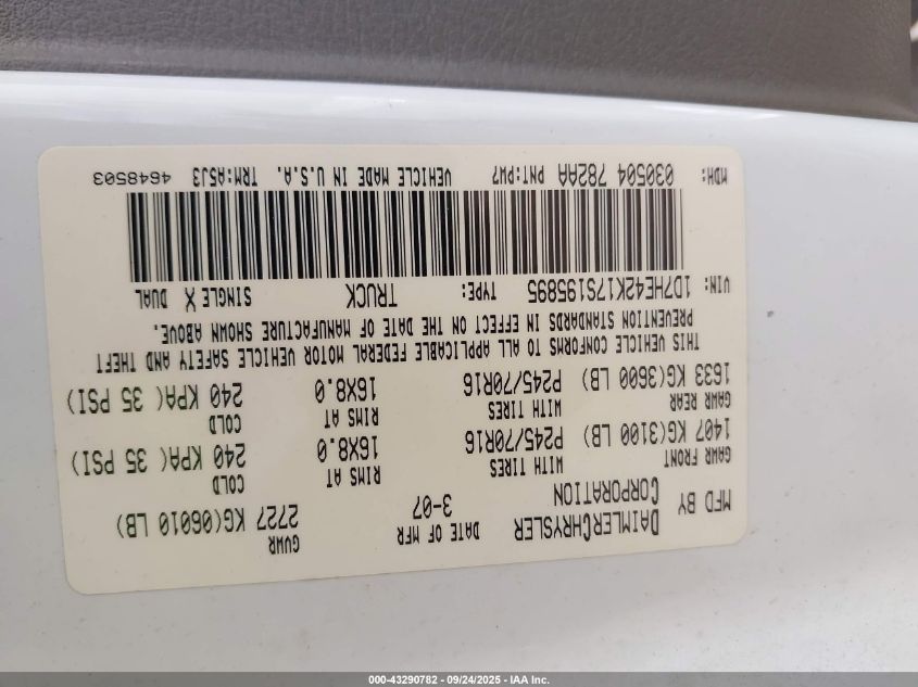 2007 Dodge Dakota Slt VIN: 1D7HE42K17S195895 Lot: 43290782
