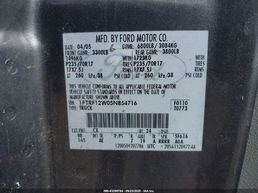 2005 Ford F-150 Stx/Xl/Xlt VIN: 1FTRF12W05NB54716 Lot: 43290784