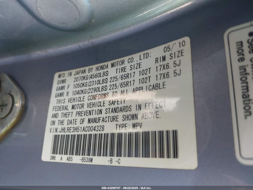 2010 Honda Cr-V Ex VIN: JHLRE3H51AC004328 Lot: 43290787