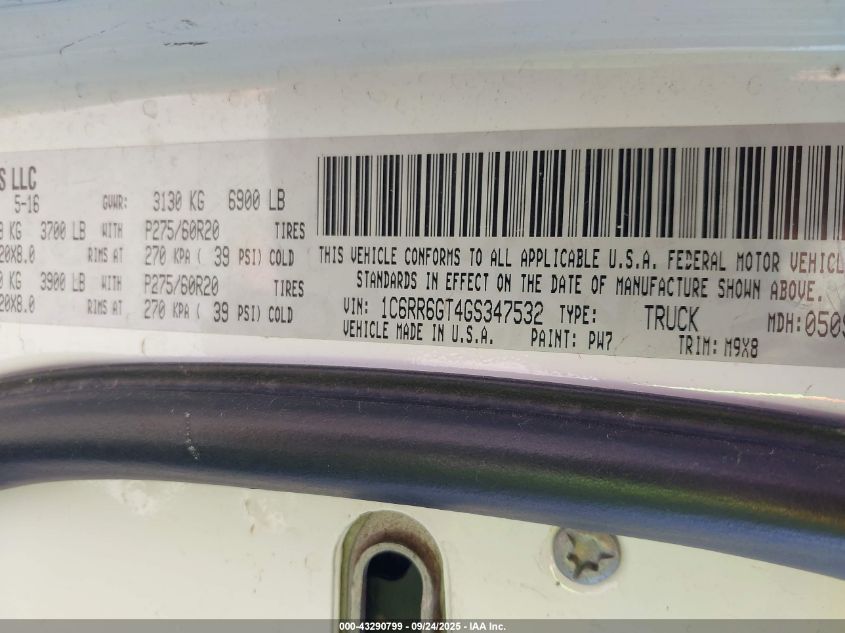 2016 Ram 1500 Big Horn VIN: 1C6RR6GT4GS347532 Lot: 43290799