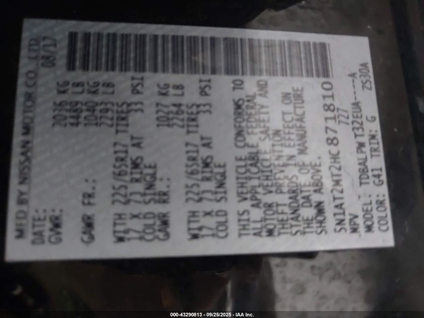 2017 Nissan Rogue S VIN: 5N1AT2MT2HC871810 Lot: 43290813