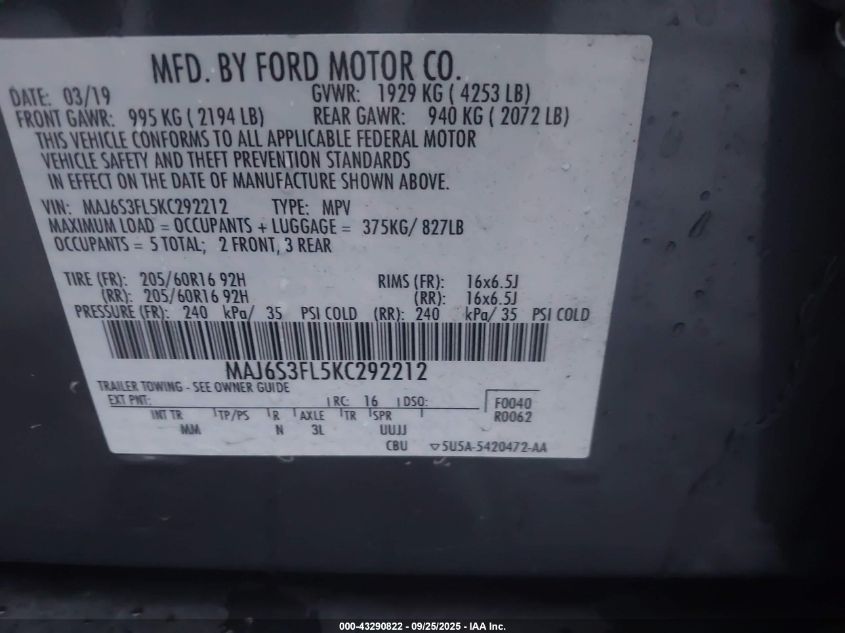 2019 Ford Ecosport S VIN: MAJ6S3FL5KC292212 Lot: 43290822