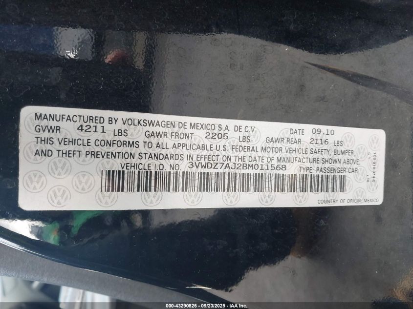 2011 Volkswagen Jetta 2.5L Se VIN: 3VWDZ7AJ2BM011568 Lot: 43290826