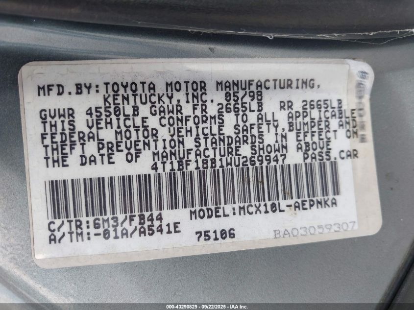 1998 Toyota Avalon Xl VIN: 4T1BF18B1WU269947 Lot: 43290829