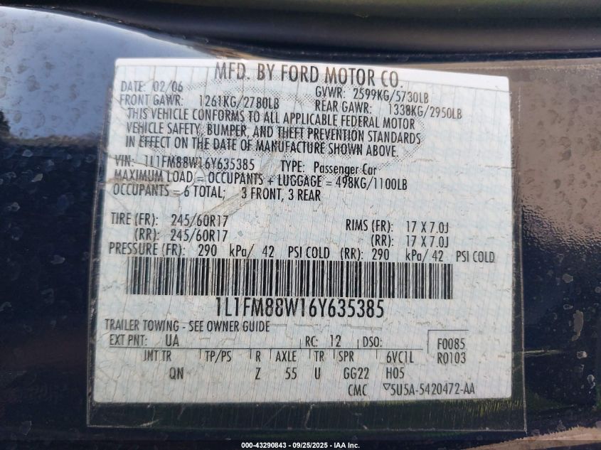 2006 Lincoln Town Car Executive VIN: 1L1FM88W16Y635385 Lot: 43290843