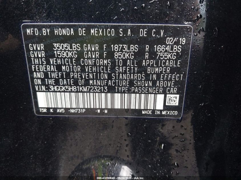 2019 Honda Fit Ex VIN: 3HGGK5H81KM723213 Lot: 43290846