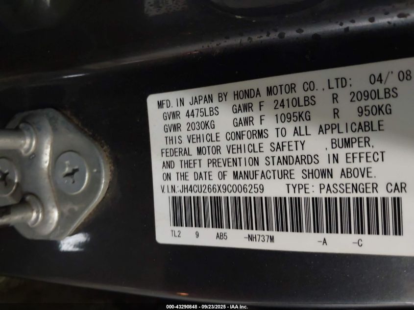2009 Acura Tsx VIN: JH4CU266X9C006259 Lot: 43290848