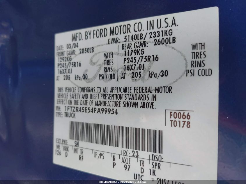 2004 Ford Ranger Edge/Tremor/Xlt VIN: 1FTZR45E54PA99954 Lot: 43290857