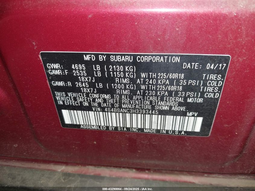 2017 Subaru Outback 2.5I Limited VIN: 4S4BSANC3H3393445 Lot: 43290864