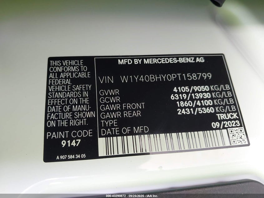 2023 Mercedes-Benz Sprinter 2500 Standard Roof 4-Cyl Gas VIN: W1Y40BHY0PT158799 Lot: 43290872