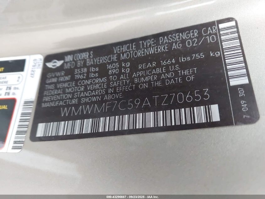 2010 Mini Cooper S VIN: WMWMF7C59ATZ70653 Lot: 43290887