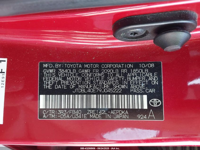 2009 Toyota Corolla Le VIN: JTDBL40E79J045222 Lot: 43290906