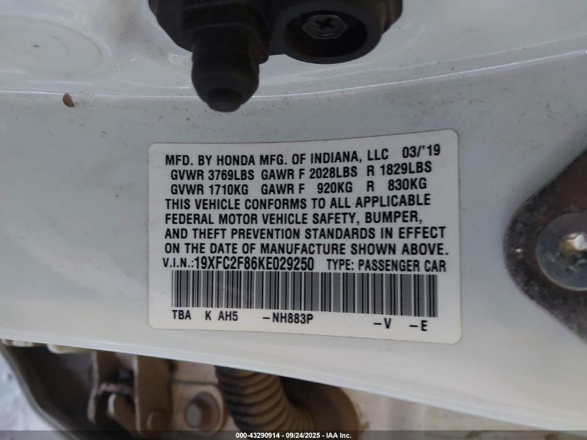 2019 Honda Civic Sport VIN: 19XFC2F86KE029250 Lot: 43290914
