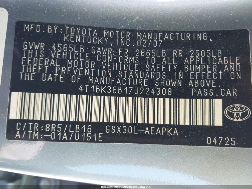 2007 Toyota Avalon Limited VIN: 4T1BK36B17U224308 Lot: 43290916