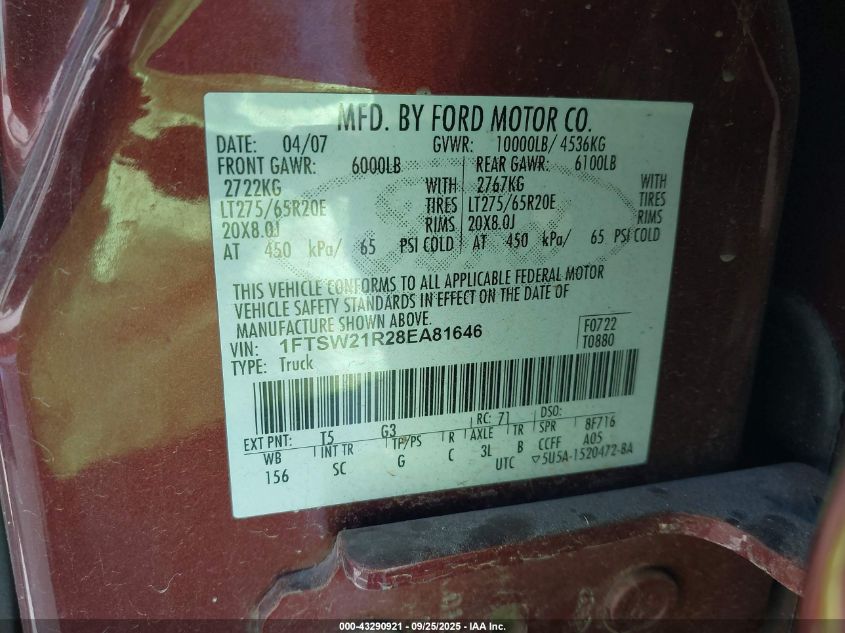 2008 Ford F-250 Fx4/Harley-Davidson/King Ranch/Lariat/Xl/Xlt VIN: 1FTSW21R28EA81646 Lot: 43290921