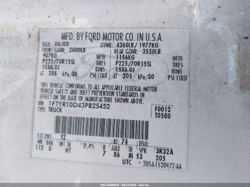 2003 Ford Ranger Xl/Xlt VIN: 1FTYR10D43PB25452 Lot: 43290930