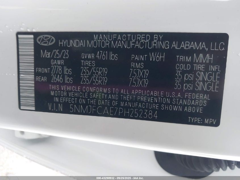 2023 Hyundai Tucson Sel VIN: 5NMJFCAE7PH252384 Lot: 43290932