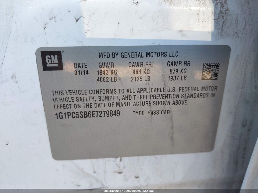 2014 Chevrolet Cruze 1Lt Auto VIN: 1G1PC5SB6E7279849 Lot: 43290957