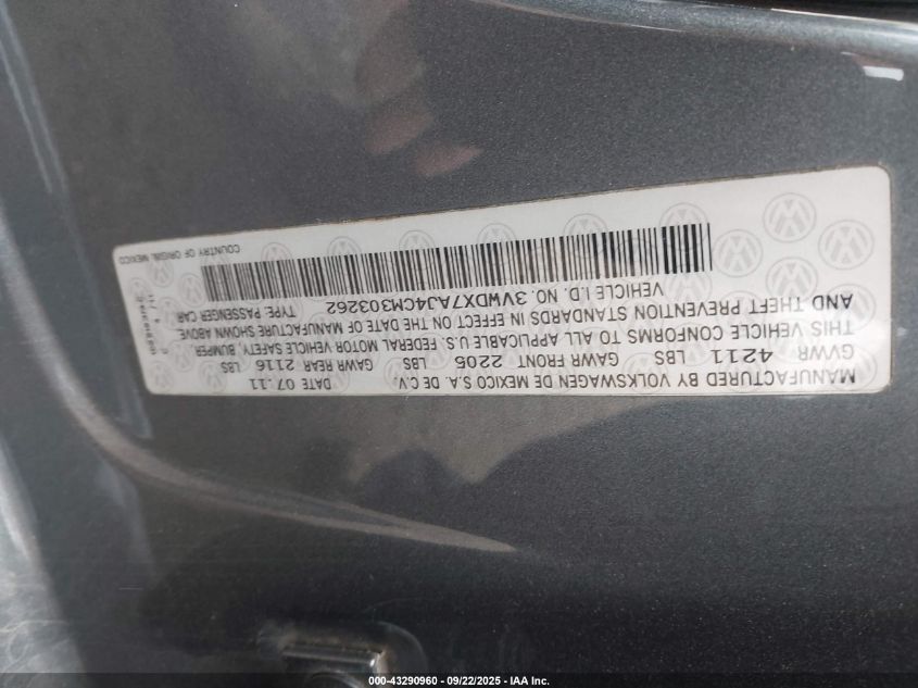 2012 Volkswagen Jetta 2.5L Se VIN: 3VWDX7AJ4CM303262 Lot: 43290960