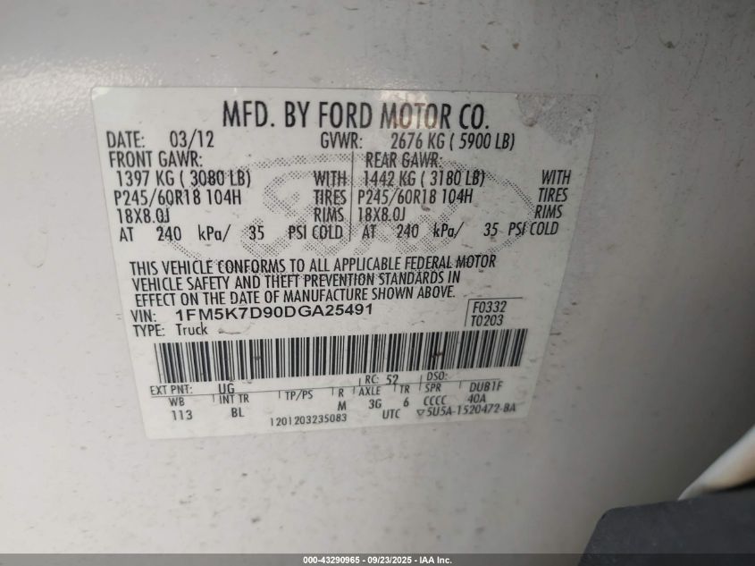 2013 Ford Explorer Xlt VIN: 1FM5K7D90DGA25491 Lot: 43290965