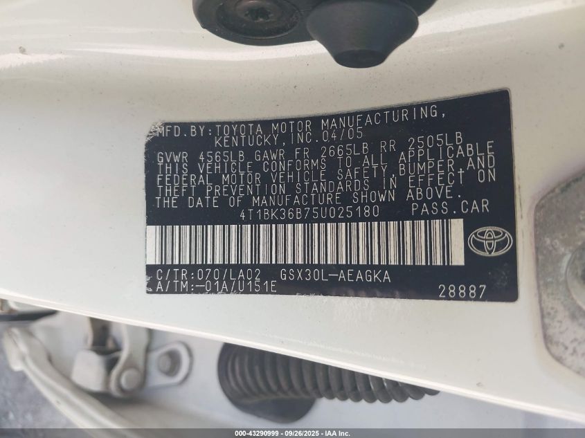 2005 Toyota Avalon Xls VIN: 4T1BK36B75U025180 Lot: 43290999