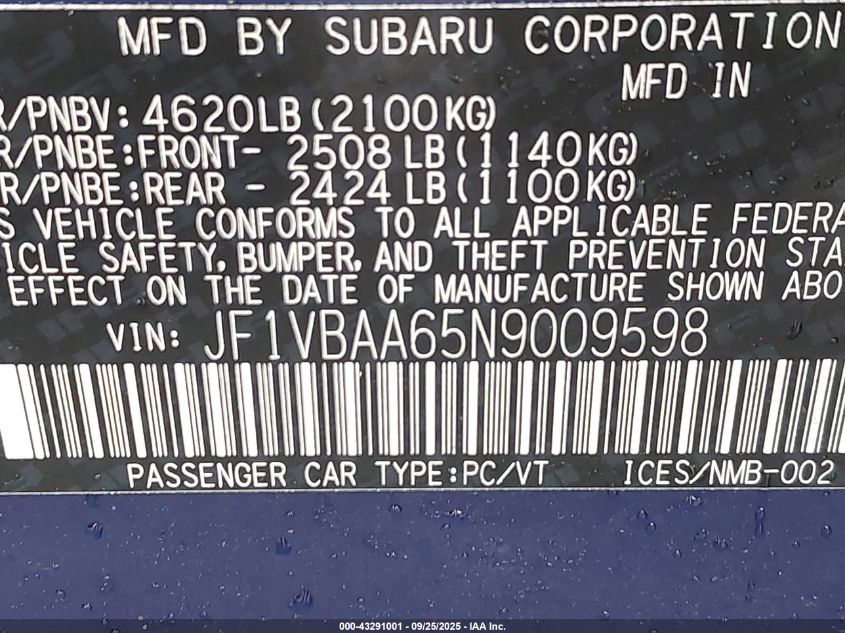 2022 Subaru Wrx VIN: JF1VBAA65N9009598 Lot: 43291001