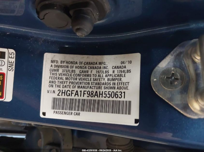 2010 Honda Civic Ex-L VIN: 2HGFA1F98AH550631 Lot: 43291038